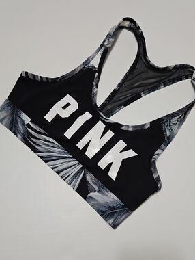 Victoria's Secret PINK Black Sports Bra Padless Crop  with Gray Palm Trim Size S